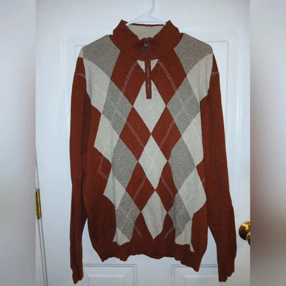 Tasso Elba Men's XL quarter zip argyle brown sweater academia grandpa style - Picture 1 of 6